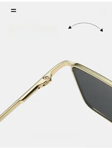 Detail of durable golden metal hinges on square frame sunglasses with dark lenses