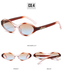 Three-way view of retro small oval sunglasses with gradient frames and metal logo hinges