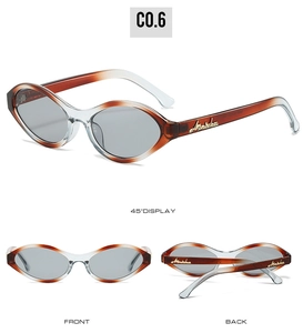Detailed multi-angle views of vintage oval sunglasses with gradient frames and gold logos