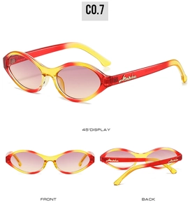 Three-view layout of oval retro sunglasses with red-yellow gradient lenses and gold logo