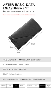 Ficha técnica de cartera larga de cuero negro para hombre con 13 ranuras de tarjetas