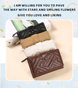 Detailed view of quilted PU leather wallets in four colors with zipper and snap closure