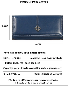 Spécifications du portefeuille long en cuir bleu pour femme avec dimensions précises