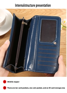 Détails du portefeuille en cuir bleu avec dix emplacements pour cartes et poche zippée