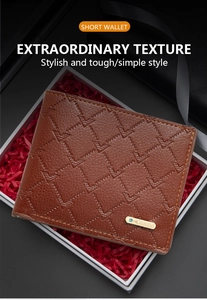 Short brown PU leather wallet for men featuring geometric V-pattern and gold logo plate