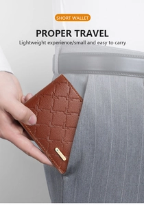 Short brown PU leather wallet with geometric pattern fits easily into a suit pocket