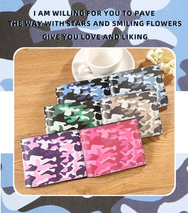 Detail of four-color camo fold wallets in blue, green, khaki, and purple on a wood desk