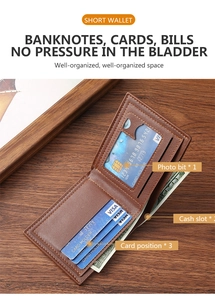 Detail view of brown PU leather men's wallet showing card slots and banknote compartments