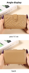 Front and back view of a khaki mid-length wallet showing snap button and metal zipper detail