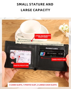 Detail view of leather bifold wallet featuring multiple card slots and cash compartments