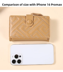 Detailed view of quilted faux leather wallet with flip buckle and zip closure next to a phone