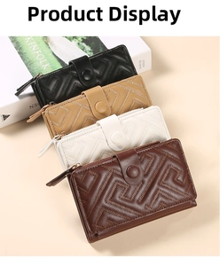 Quilted leather wallets in four colors showing zippers and snap button closures