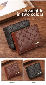 Close-up of short men's PU leather wallets with embossed V-pattern in black and brown