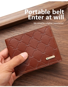Close-up of brown PU leather men's wallet with quilted texture and silver logo plate