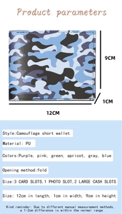 Detailed blue camouflage wallet interior featuring card slots and dimensions 12x9x1cm