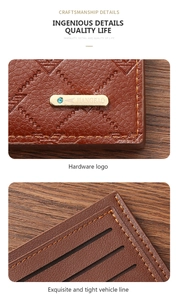 Detail of hardware logo and high-density stitching on brown lychee pattern leather wallet