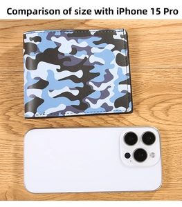 Detailed comparison of blue camouflage wallet size with an iPhone 15 Pro on wood