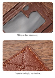 Detail view of brown PU leather wallet featuring star pattern and thick PC card slots