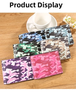 Collection of camouflage bifold wallets in six different colors on a wood background