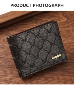 Macro detail of men's bifold wallet with eagle pattern and golden logo plate