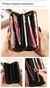 Detailed view of women's long wallet showing multi-slot interior and spacious compartments