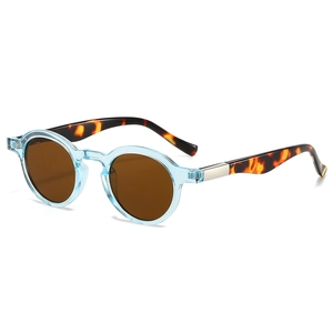 Retro small round light blue sunglasses with tortoiseshell temples and brown lenses