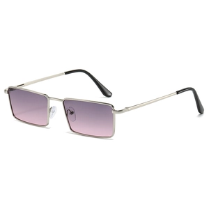 Retro rectangle silver metal sunglasses with purple gradient lenses on white background