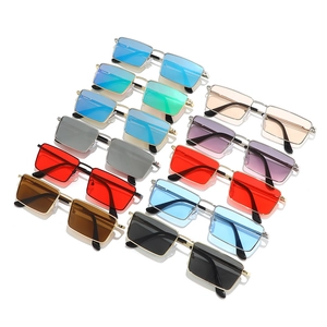Multiple colors of retro small square metal frame sunglasses displayed on a white surface