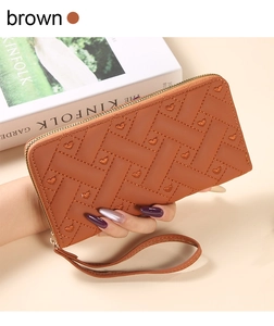 Brown faux leather long wallet with woven texture and embroidered heart detail