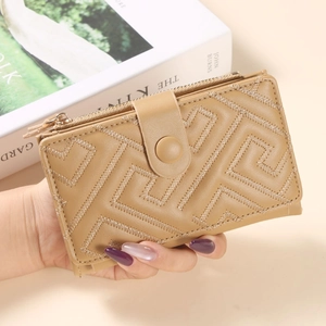 Women Short Wallet PU Leather Geometric Embroidery Multi Card Slots Zipper Pocket Buckle Clutch Bag Fashion