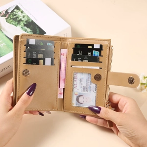 Elegant tan PU leather wallet with multi-card slots and zipper pocket in a lifestyle setting