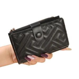 Women's black quilted PU leather wallet clutch with metal zipper and snap closure