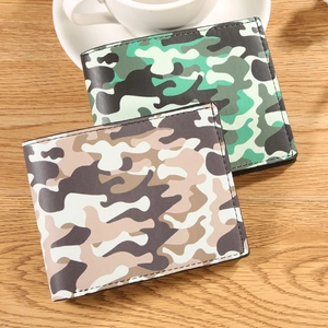 Mens camouflage bifold short wallet in classic green and earth tones on wooden desk