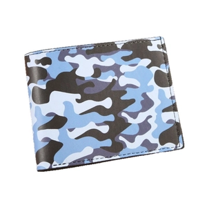 Men's bifold wallet featuring a dynamic blue camouflage print and sturdy black stitching