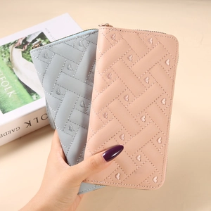 Women's long PU leather zipper wallets with heart embroidery in blue and pink tones