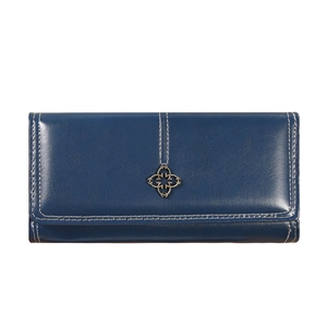 Portefeuille long en cuir bleu foncé pour femme avec fleur dorée et coutures blanches
