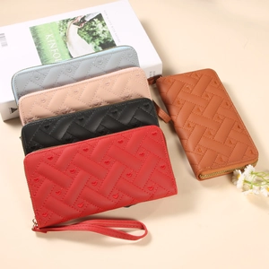 Women's long quilted wallet with heart embroidery and wrist strap in five colors