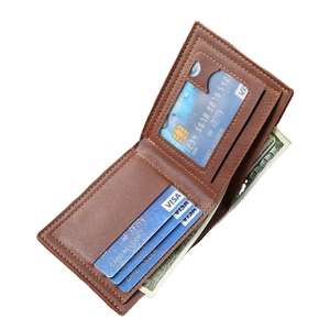 Brown faux leather bifold men's wallet with textured finish and multiple card slots