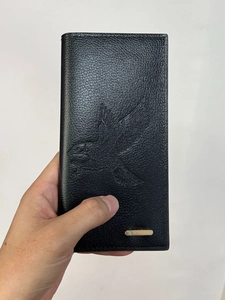 Men Long Wallet Lychee Grain PVC Leather Multi Card Slots Business Bifold Large Capacity Embossed Eagle Black