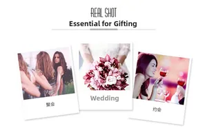 Mini wallet usage scenes for parties, weddings, and dates shown in polaroid style
