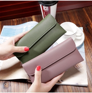Litchi texture leather long wallets for women in olive green and grey purple colors