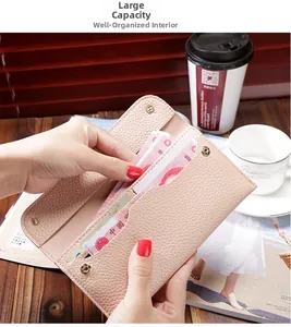 Litchi pattern pink long wallet interior with multiple bill slots and card holders