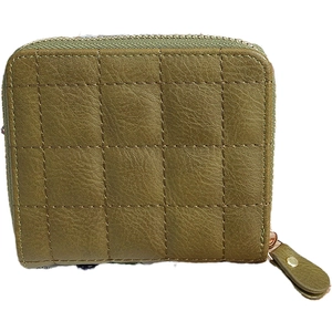 Olive green quilted square coin purse with zipper closure and textured faux leather finish
