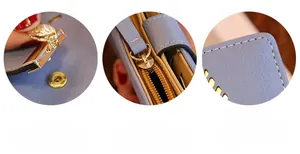 Détails du portefeuille en cuir bleu mat avec pendentif feuille, fermeture et coutures