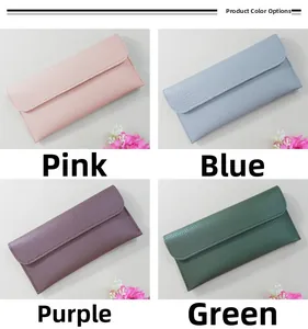Detailed grid view of slim long wallets in pink, blue, purple, and green lychee leather