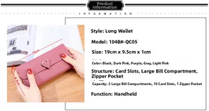 Vue détaillée du portefeuille long rose montrant les dimensions 19cm et les fentes
