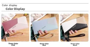 Detailed color display of long wallets with wrist straps, tassels and geometric patchwork
