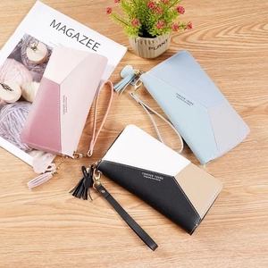 Chic long contrast color zipper wallets for women with tassels and cute rabbit charms