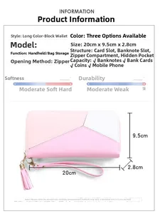 Detailed size specifications for a long tricolor patchwork wallet with wristlet strap