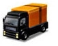Detail of toy delivery truck with orange cargo box and brown cross straps on white background